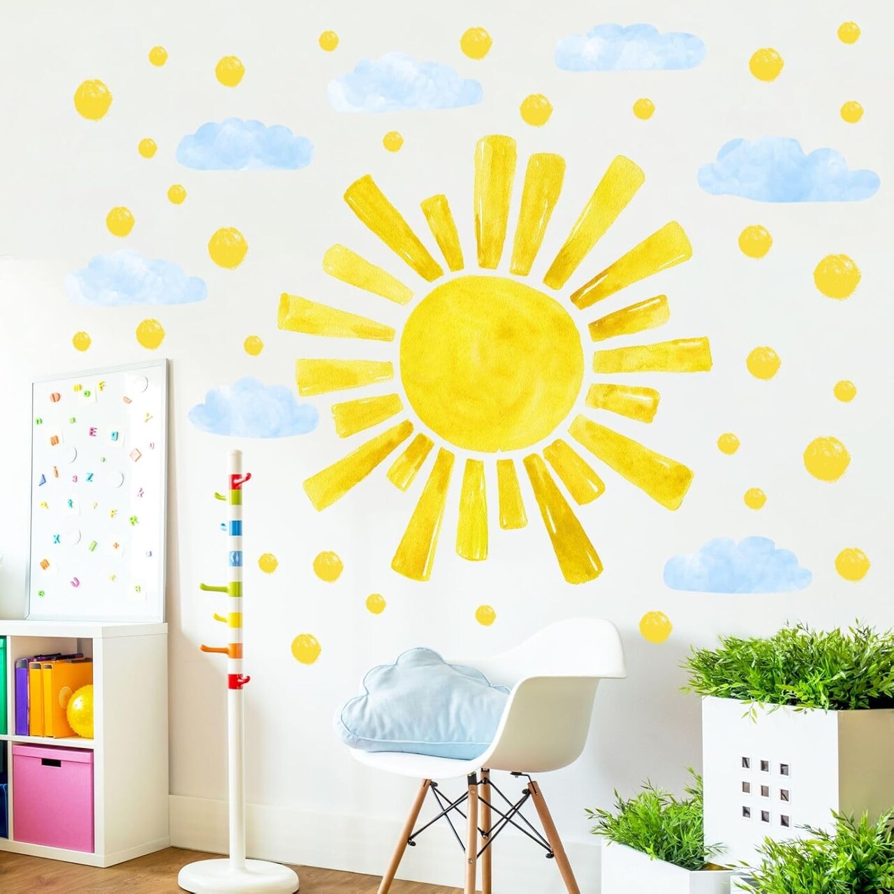 Large Sun & Cloud Wall Decals – 12 Sheets Watercolor Stickers for Girls’ Bedroom & Kids’ Room